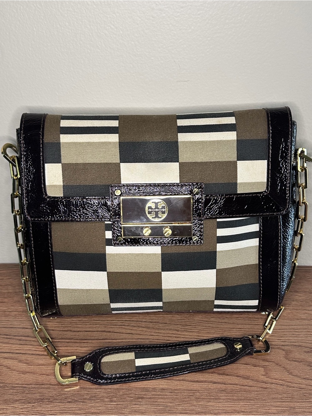 Tory Burch Brown and Black Checker Shoulder Bag with Gold Hardware
